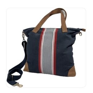 Merona Tote Bag Womens Large Navy Red &White Striped Canvas Faux Leather Trim